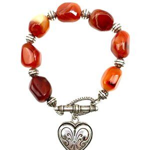 Brighton Carnelian gemstone beaded silver tone heart charm toggle bracelet